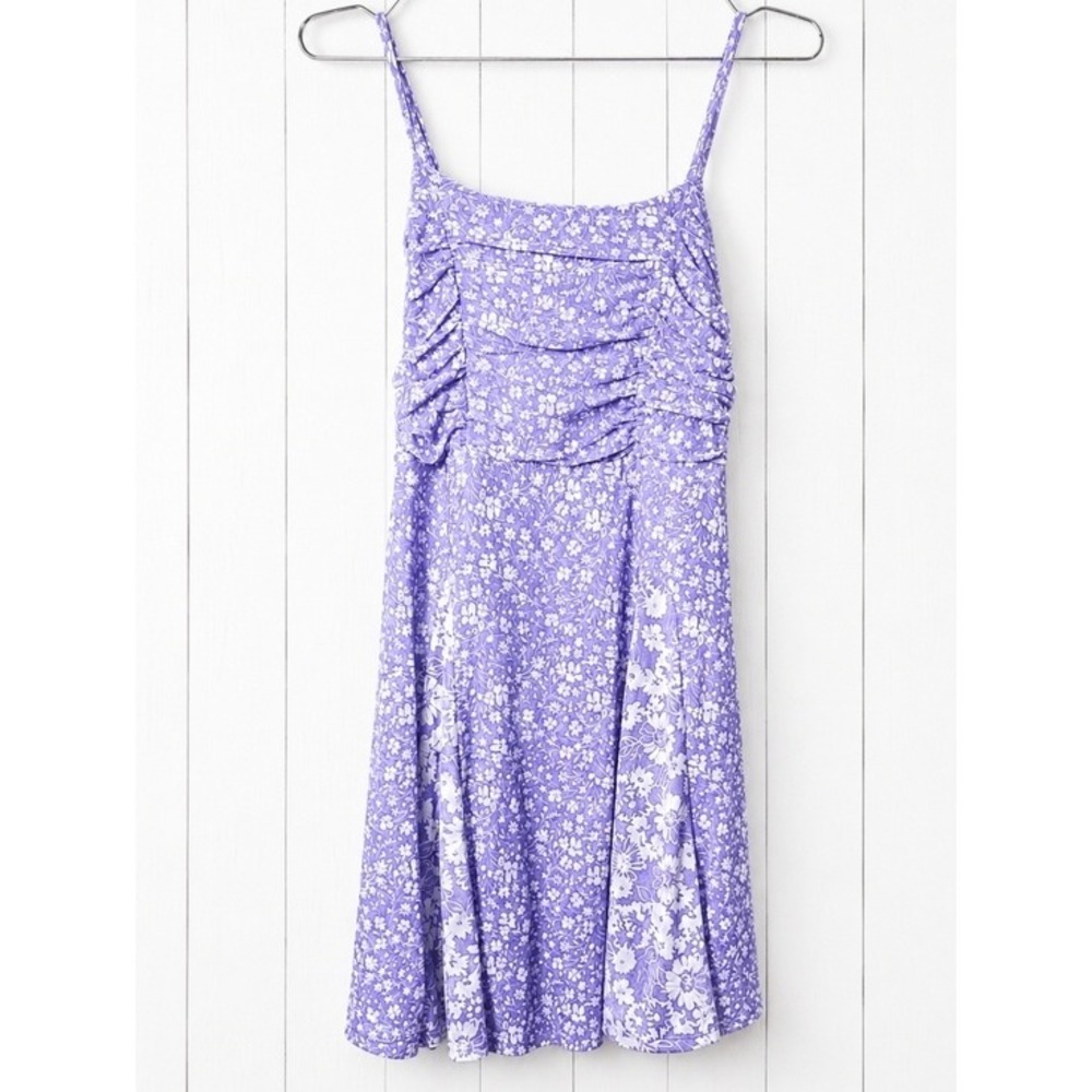 Y2K Lavender Floral Ruched Mini Dress Large Coquette Fairycore Soft Girl